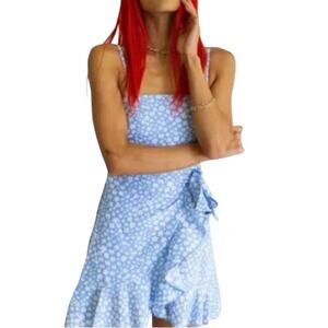 PRINCESS POLLY Caesura Floral Wrap Tie Mini Dress Sz 4 Blue Swifty Fairy Preppy